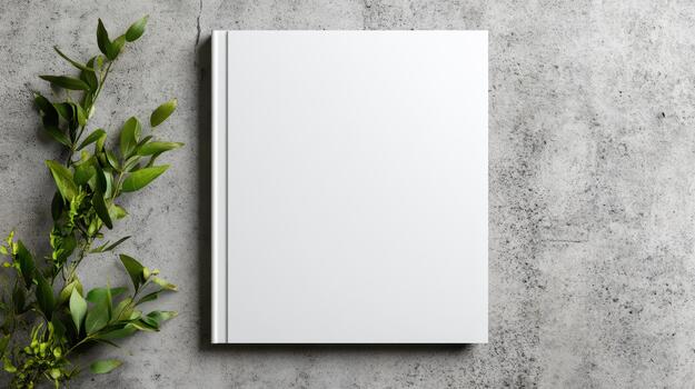 Blank notebook on concrete background with green plant photo