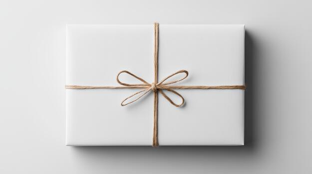White gift box wrapped in twine on a white background photo
