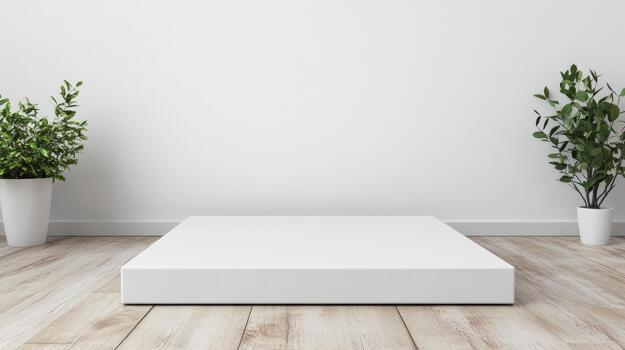White platform in empty room with potted plants photo