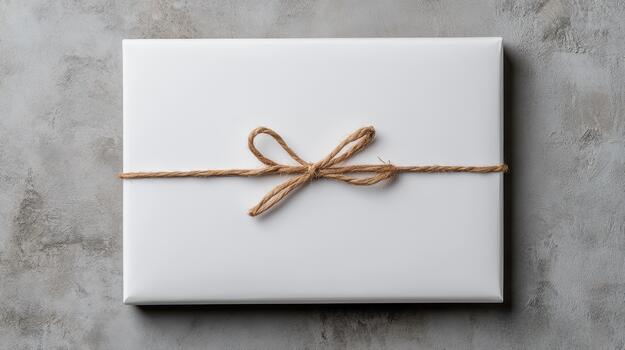 White gift box tied with twine on concrete background photo