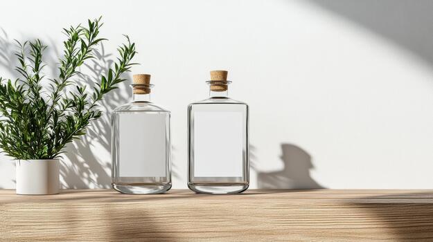 Two empty glass bottles with cork stoppers on a table photo