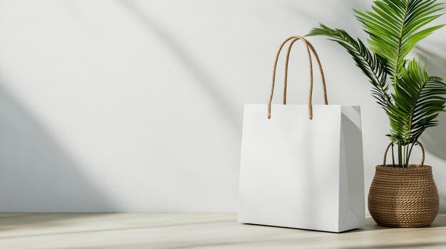White paper bag mock up with plant on wooden table 3d render photo