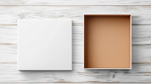 An empty white box on a wooden table photo