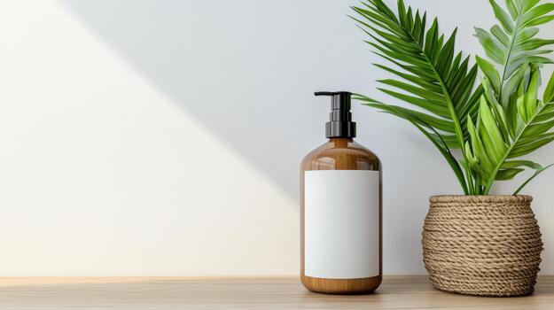 Mock up for a bottle of soap and a plant on a wooden table 3d rendering photo