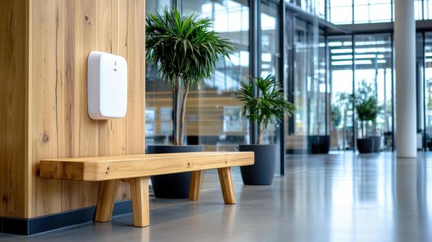 A bench in a hallway with a plant on it photo