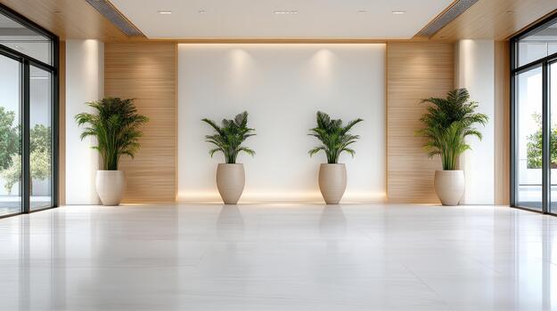 Modern office lobby with white walls and large windows photo