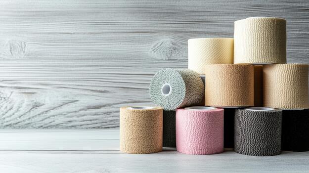 A stack of different colored rolls of tape photo