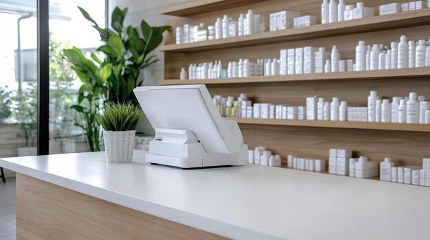 A white counter with a computer and a plant photo