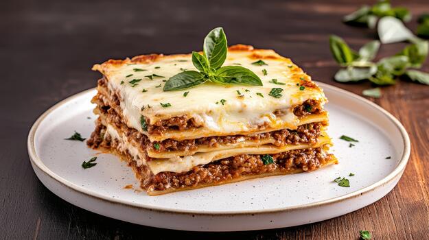 A stack of lasagna on a plate with basil leaves photo