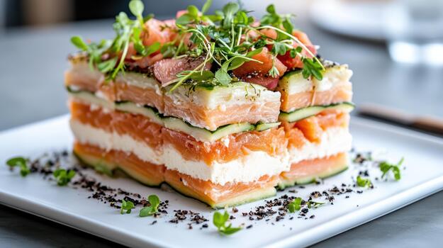 A stack of salmon, cheese and cucumber on a plate photo