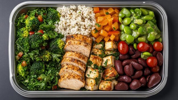 A meal in a metal container with rice, vegetables, chicken and broccoli photo