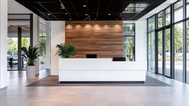 A modern office with a reception desk and large windows photo