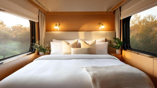 A bed in a train car with a window photo