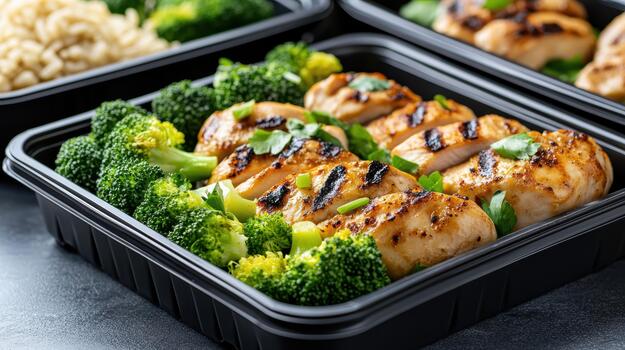A meal in a plastic container with chicken, broccoli and rice photo