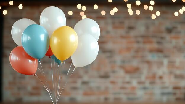 A bunch of balloons sitting on a table in front of a brick wall photo