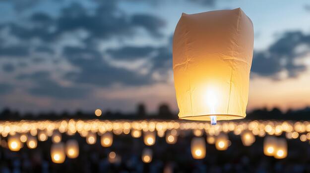 A large number of people are holding up paper lanterns photo