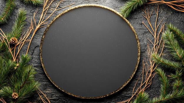 Black oval frame with christmas tree branches and pine cones on a black background photo