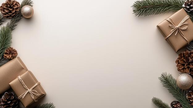Christmas gifts on a white background with pine cones and fir branches photo