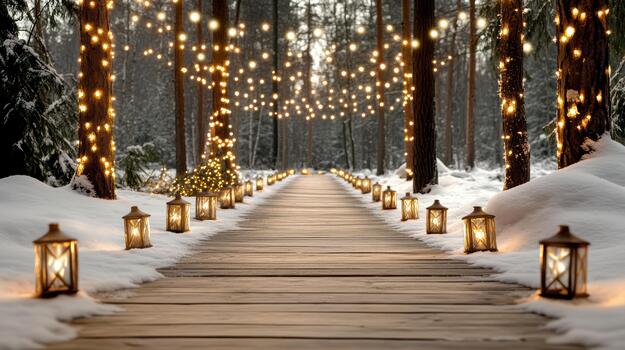 A pathway lined with lanterns and lights in the snow photo