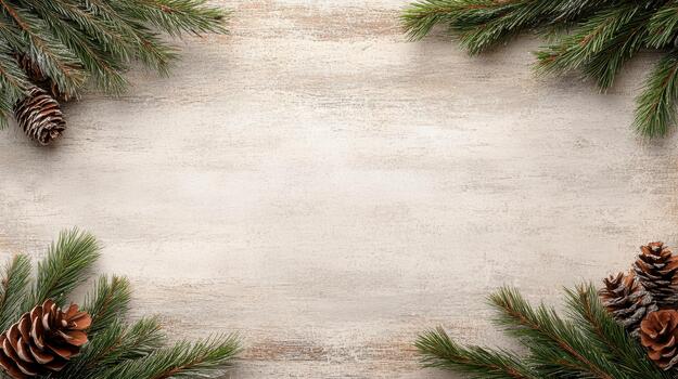 Christmas tree branches and cones on a wooden background photo