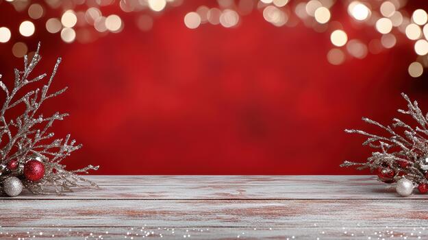Christmas background with red lights and wooden table photo