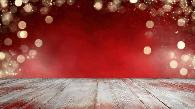Christmas background with wooden table and red lights photo