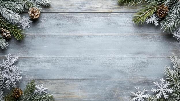 Navidad marco con abeto ramas y copos de nieve en de madera antecedentes foto