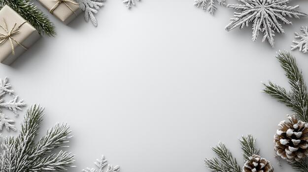 Christmas frame with fir branches, gifts and snowflakes on white background photo