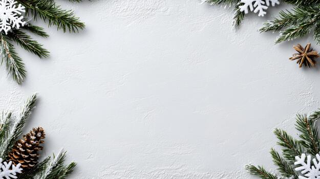 Christmas frame with fir branches and snowflakes on white background photo