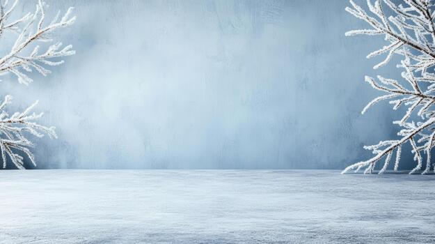 Winter background with frosted trees and blue wall photo
