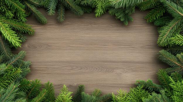 Christmas tree wreath frame on wooden background photo