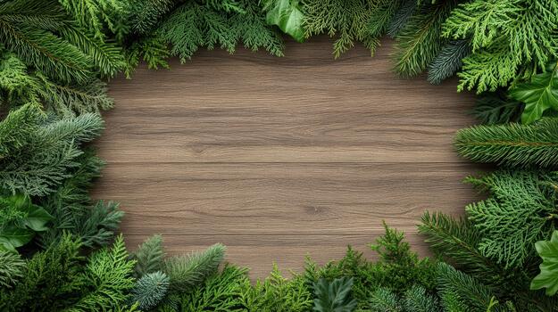 Wooden background with christmas tree branches and green leaves photo