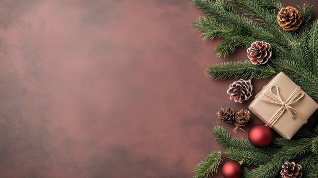 Christmas tree branches and presents on a red background photo
