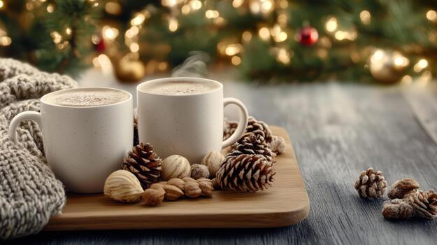 Two cups of hot chocolate with nuts and pine cones on a wooden tray photo
