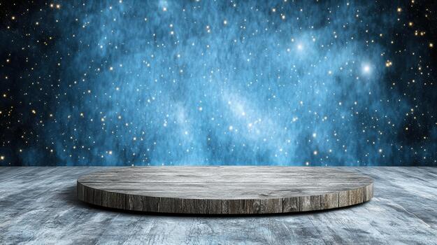 An empty wooden table in front of a blue background photo