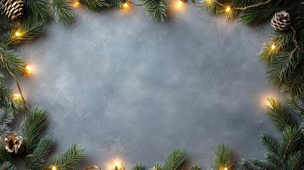 Christmas frame with fir branches and christmas lights on a gray background photo