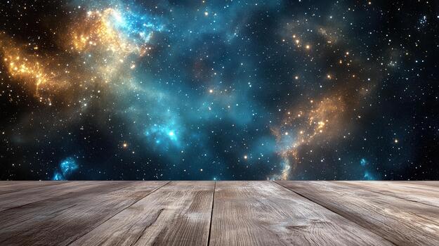 Wooden table with a galaxy background photo