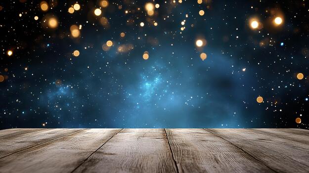 Wooden table with stars and lights on the background photo
