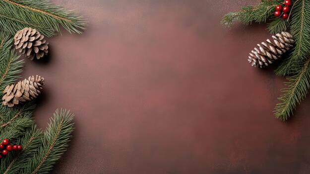 Christmas background with fir branches and pine cones on a red background photo