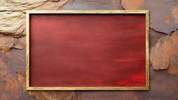 A red painted frame on a wall with a gold frame photo