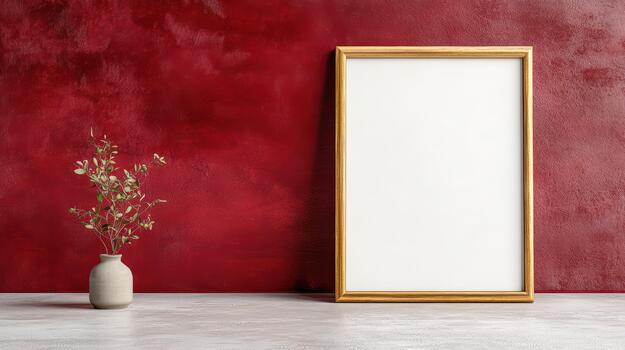 A blank frame against a red wall with a vase of flowers photo