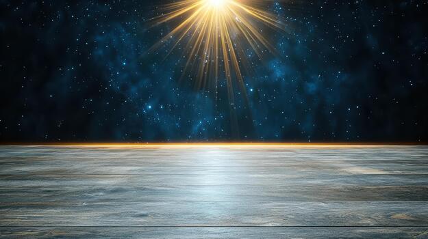 An empty wooden floor with a star shining in the sky photo