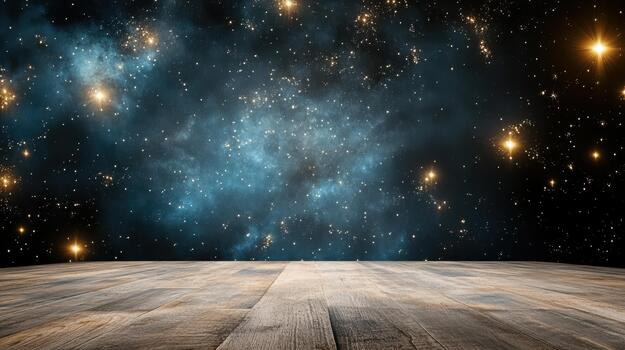 An empty wooden floor with a starry sky background photo