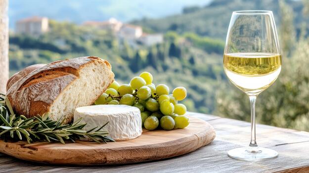 A glass of wine and bread with grapes on a table photo