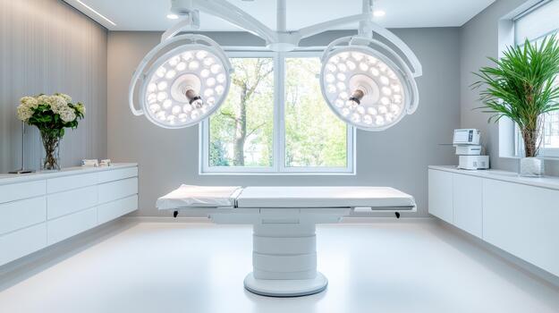 A modern operating room with white walls and a large window photo