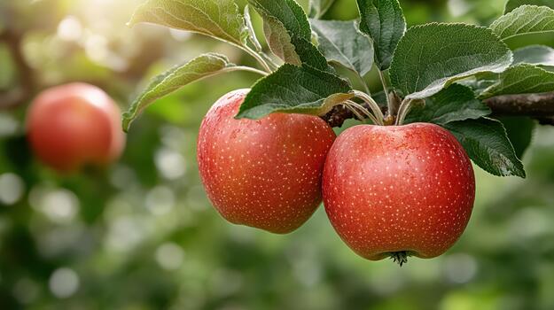 Two apples are on the tree with leaves photo