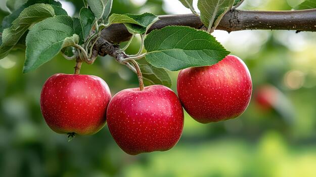 Three red apples hanging on a tree branch photo