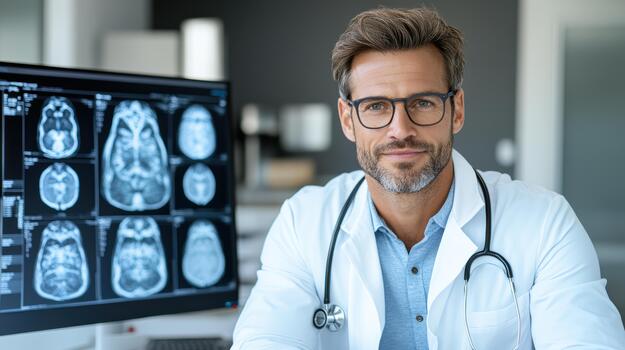 A man in a lab coat sitting in front of a computer screen with a mri image on photo