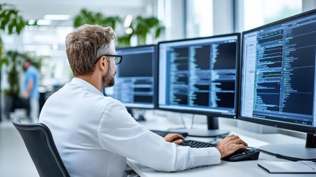 A man in a white lab coat is working on two computer screens photo