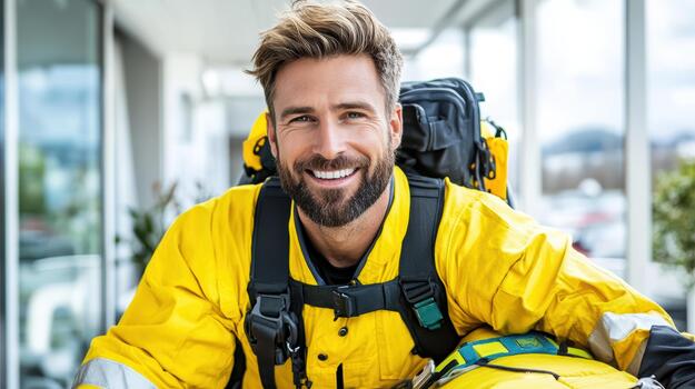 A man in a firefighter uniform smiling photo